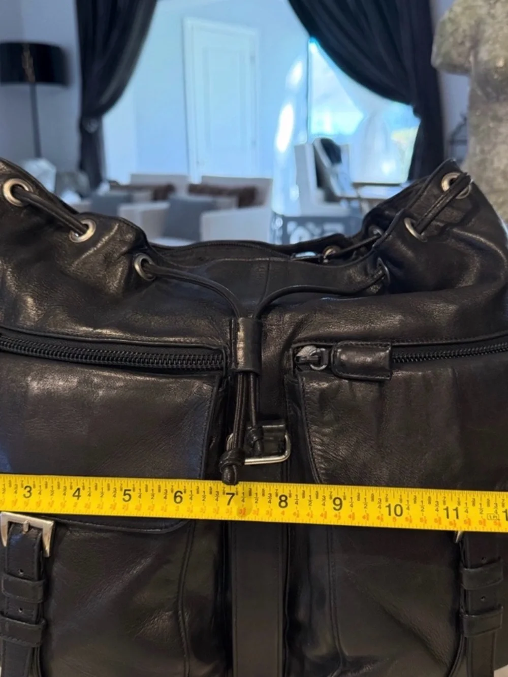 Prada Black Soft Calfskin Leather Drawstring Backpack w/ Dual Pockets - Picture 5 of 7